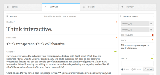 Woopie software showing compose tab of editing an article